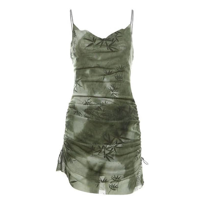 Cowl neck tie dye print drawstring cami mini dress