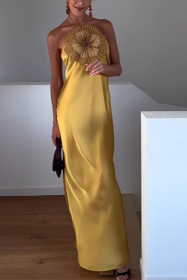 Fashionable Beaded Large Flower Decoration Halter Neck Backless Maxi Dress