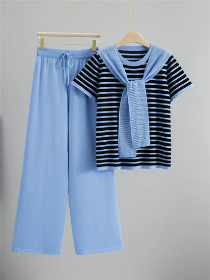 Sky Blue – Drawstring Short-Sleeve Striped Two-Piece Set