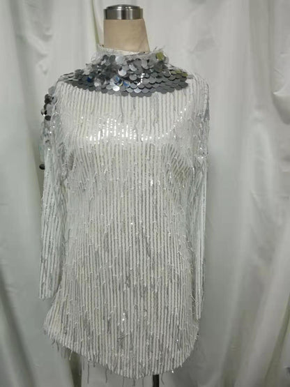 Round Neck Full Sleeve Backless Rhinestone Tassel Dress