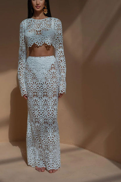 Balmy Summers Crochet Lace Floral Pattern Long Sleeve Crop Vacation Top