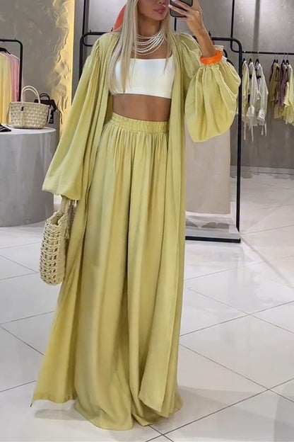 Beach Cottage Open Front Long Pleated Lantern Sleeve Long Cover-up Jacket