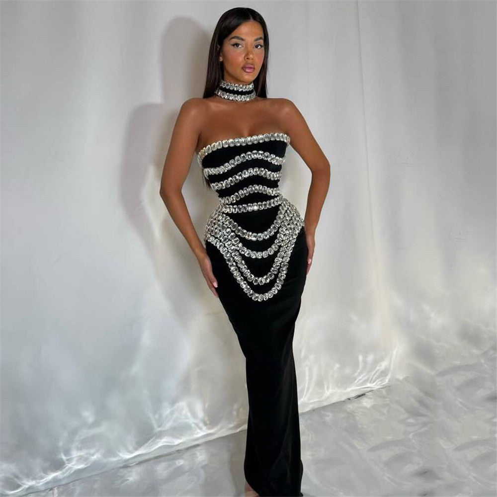 Strapless Bandeau Rhinestone Tiered Crystal Draped Velvet Column Maxi Gown
