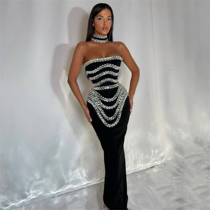 Strapless Bandeau Rhinestone Tiered Crystal Draped Velvet Column Maxi Gown