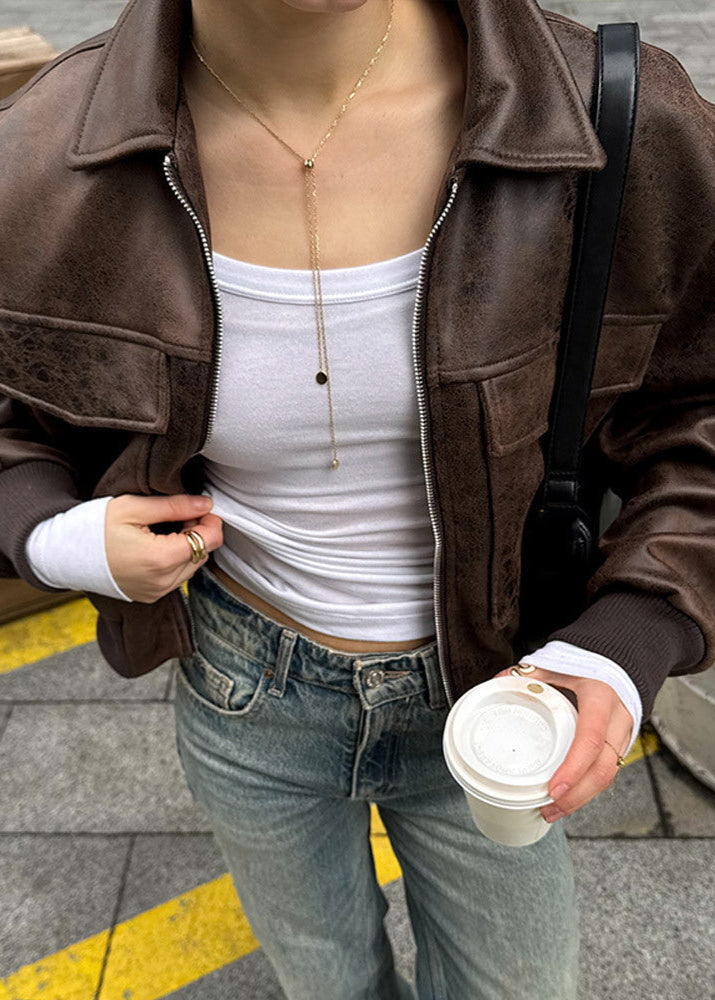 Rustlane - Distressed Faux Leather Zip Jacket