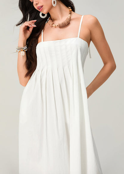 Linen Essence - White Pleated Maxi Sundress