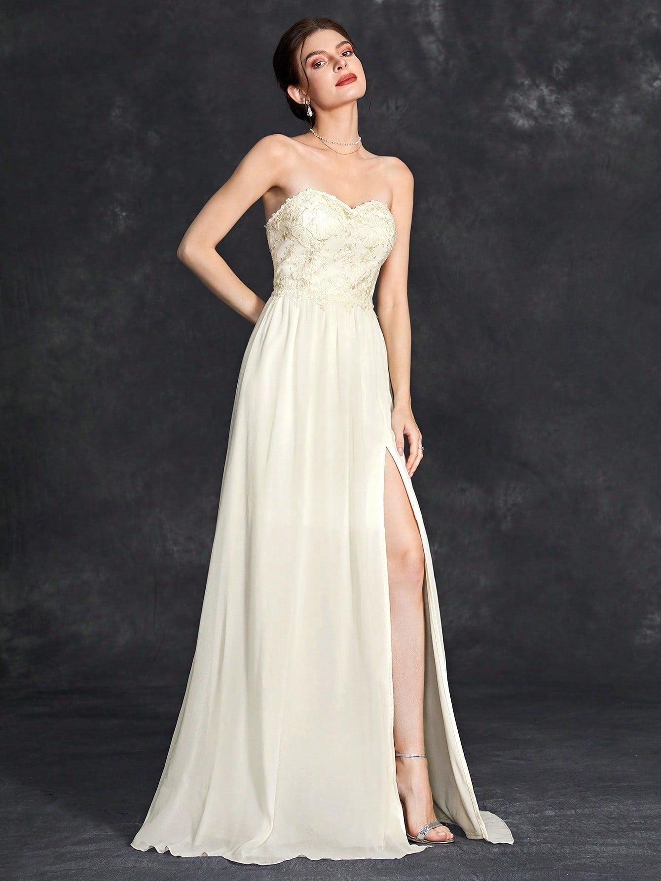 Strapless Sweetheart Lace Embroidered Bodice Thigh Slit Chiffon Maxi Gown