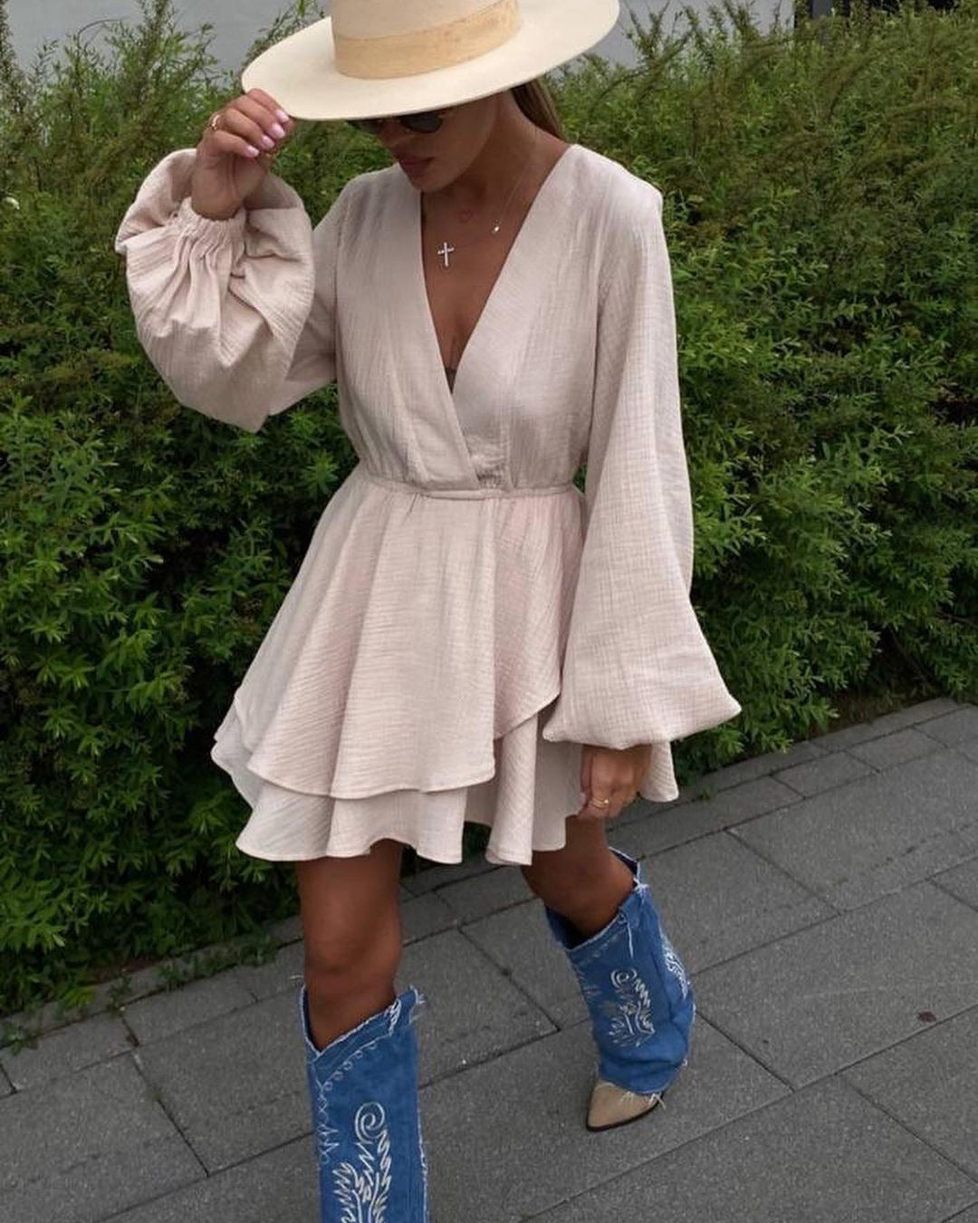 Wrap V-Neck Balloon Sleeve Tiered Ruffle Crinkle Mini Dress
