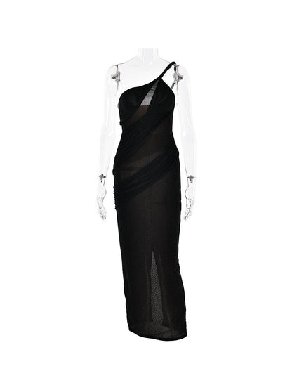 One Shoulder Shimmer Mesh Backless Dress