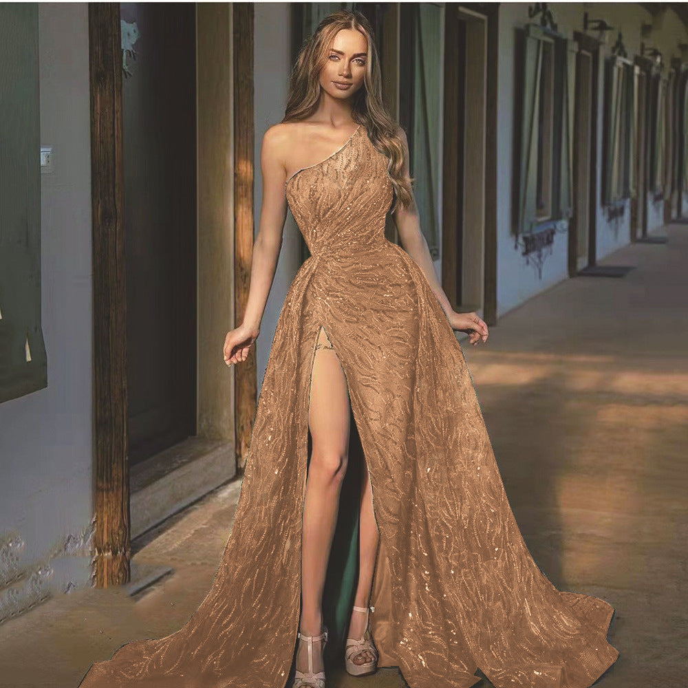 off-Shoulder Split Maxi Dress Toast Dress Sequin Sling Evening Dress