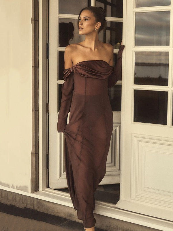 Off Shoulder Tube Long Sleeve See through Maxi Dress