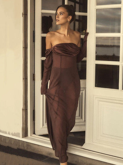 Off Shoulder Tube Long Sleeve See through Maxi Dress