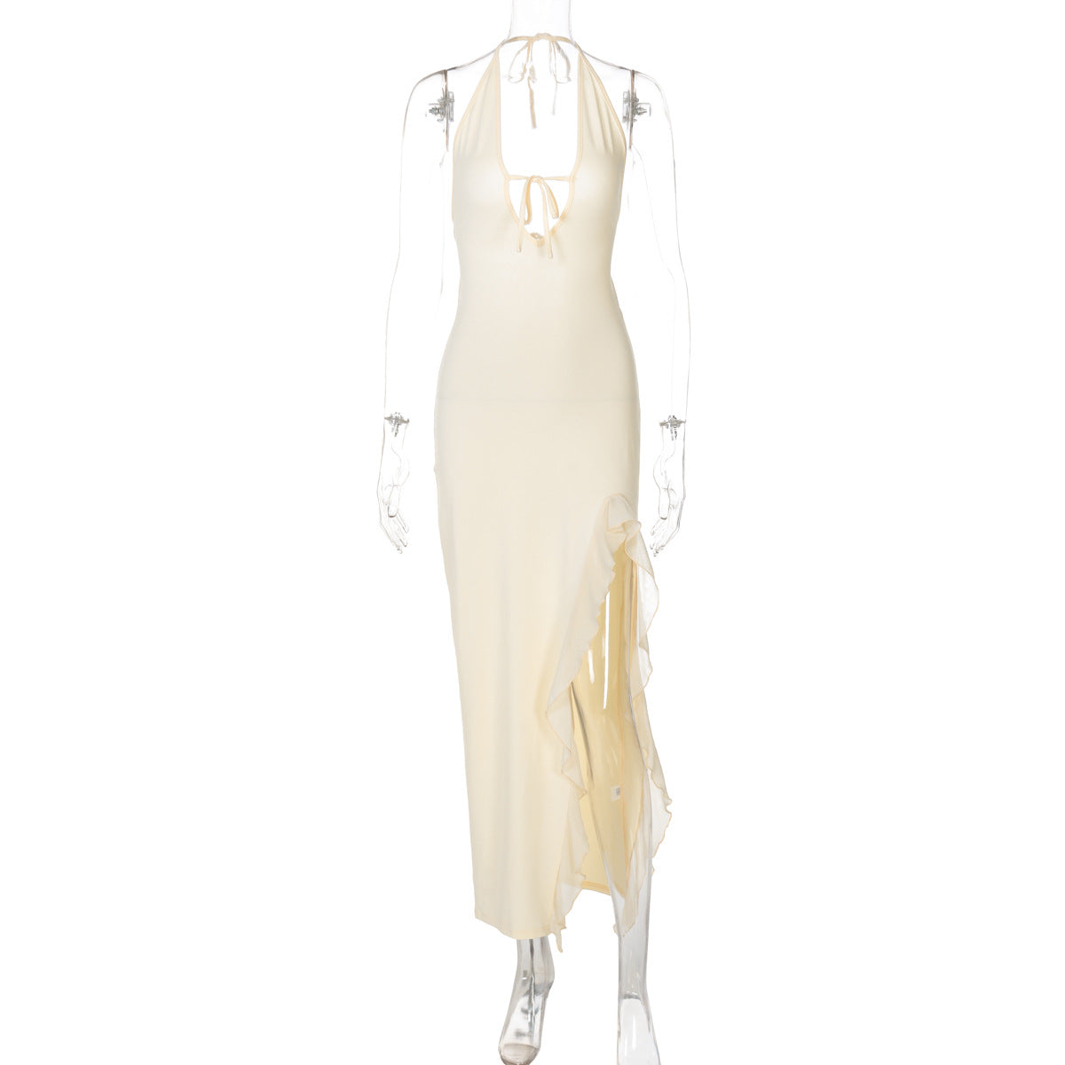 Halter Deep V Keyhole Tie Ruffle Slit Maxi Dress