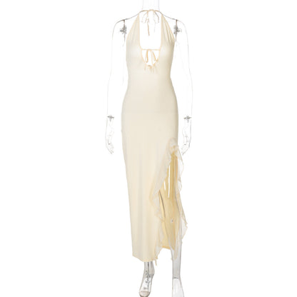 Halter Deep V Keyhole Tie Ruffle Slit Maxi Dress