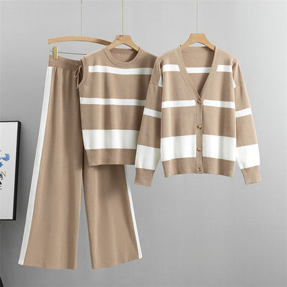 Khaki – Sporty Striped Loose Three Piece Set