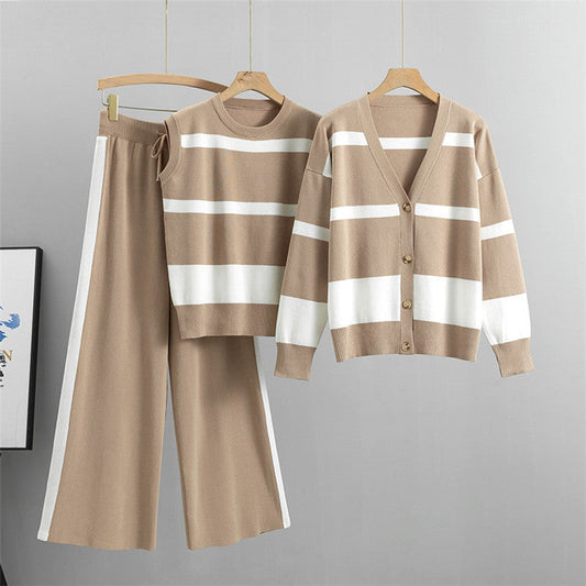 Khaki – Sporty Striped Loose Three Piece Set