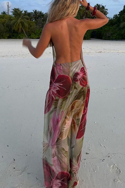 Floral Print Sexy Backless Slit See-Through Holiday Maxi Dress