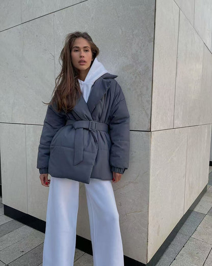 Tie Waist Cotton V-Neck Puffer Jacket