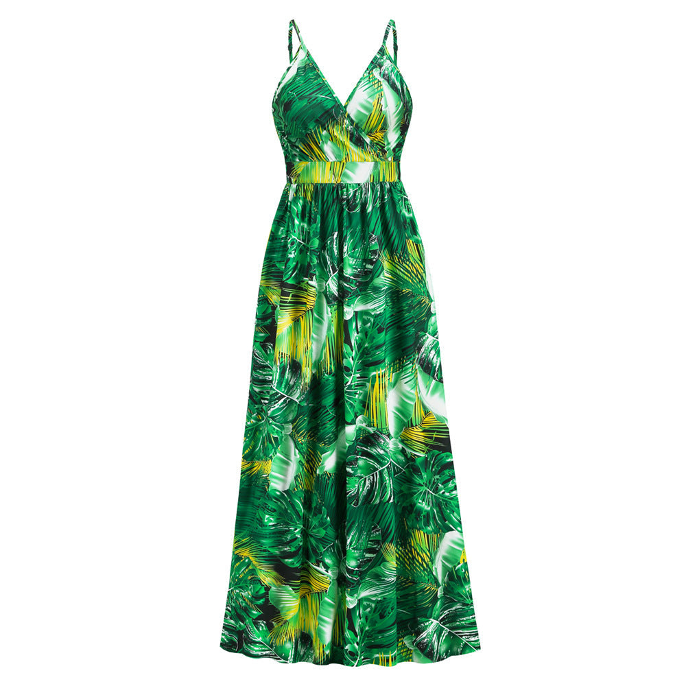 Palm Leaf Print Deep V Empire Waist A Line Maxi Dress