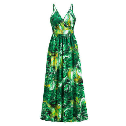 Palm Leaf Print Deep V Empire Waist A Line Maxi Dress