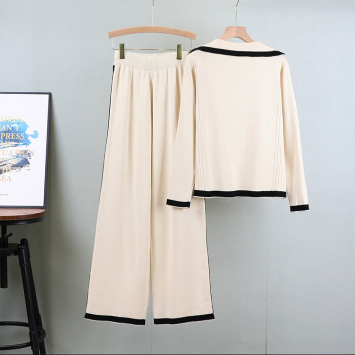 Apricot - Knitted Lapel Cardigan Two Piece Set