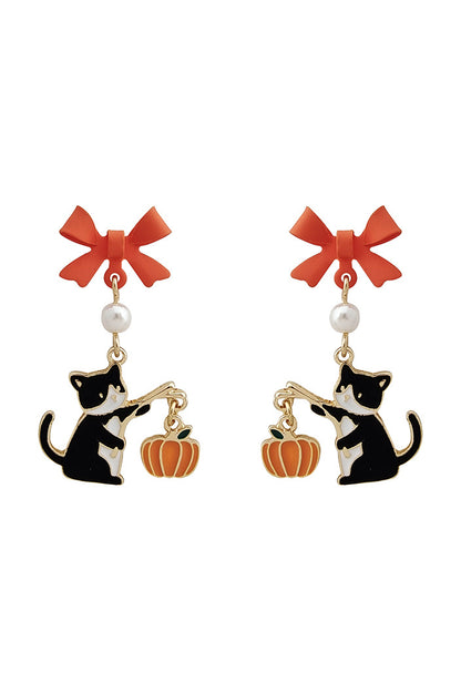 Pumpkin Lantern Cat Drop Earrings