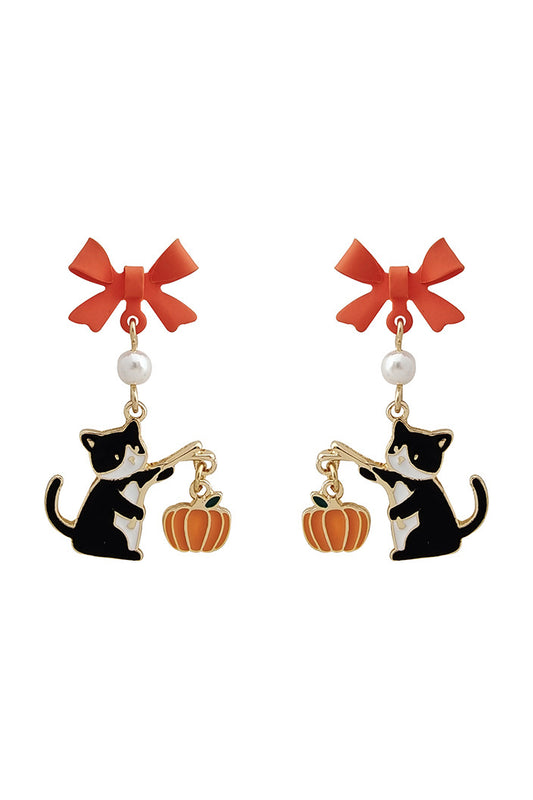 Pumpkin Lantern Cat Drop Earrings