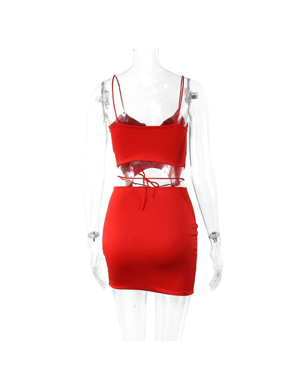 Red Camisole Top & Lace Pleated Skirt Coord Set