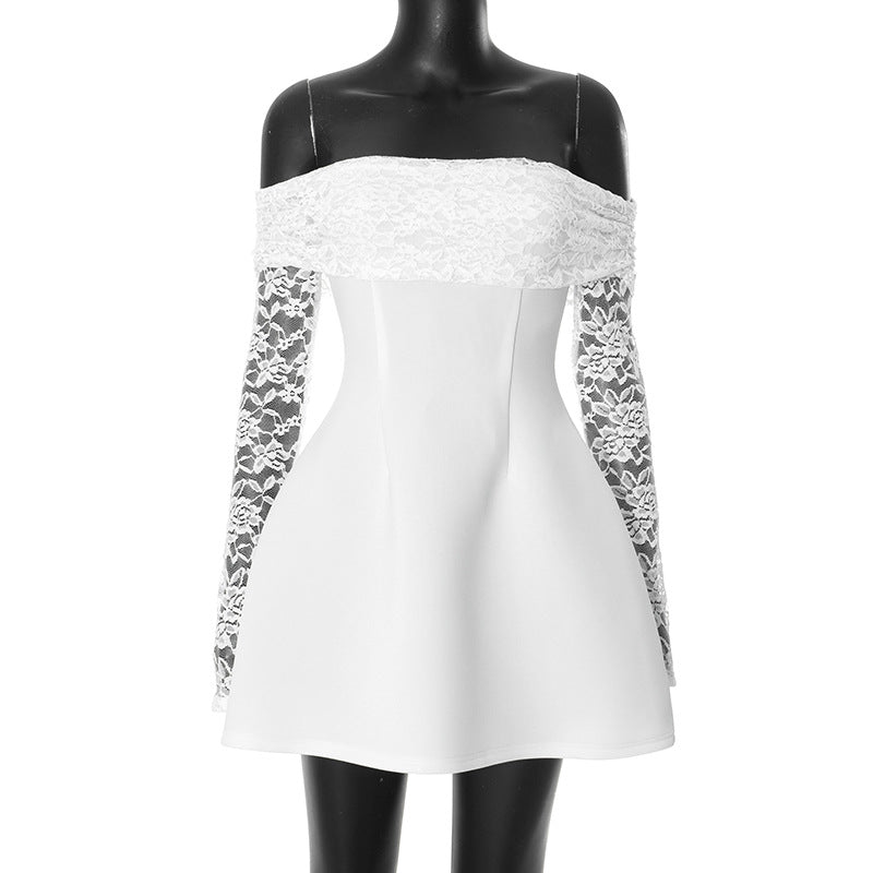 Off Shoulder Lace Sleeve Satin Fit and Flare Mini Dress