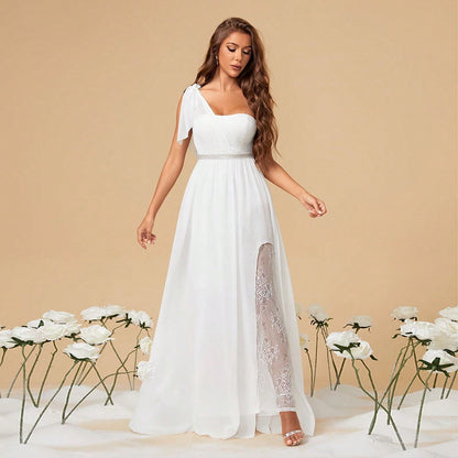 One-Shoulder Bow Detail Rhinestone Belt Lace Insert High Slit Maxi Gown