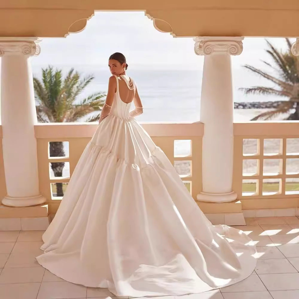 Strapless Satin Long Train Wedding Dress
