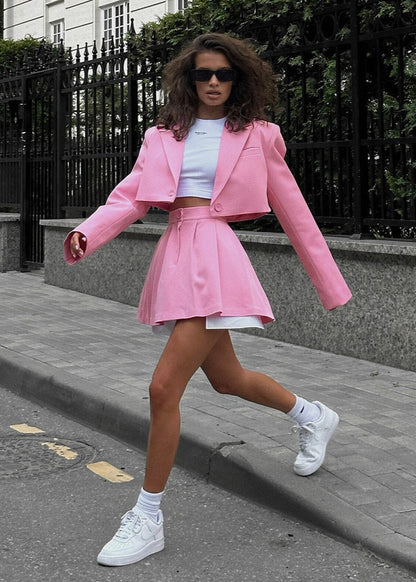 Pink Cropped Blazer and Skater Skirt Set - Playful Elegance