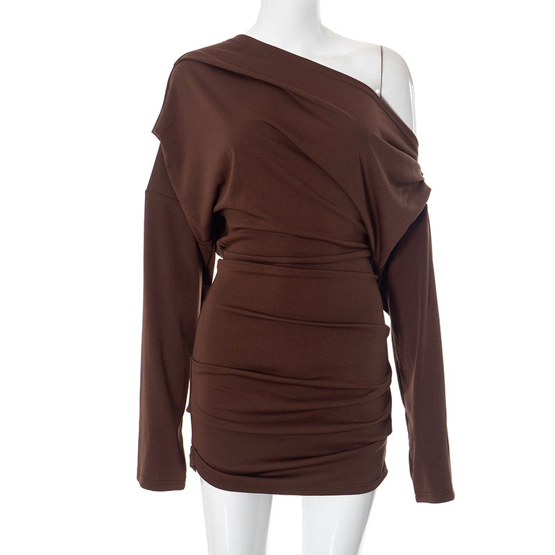 One Shoulder Wide Flare Long Sleeve Ruched Bodycon Mini Dress