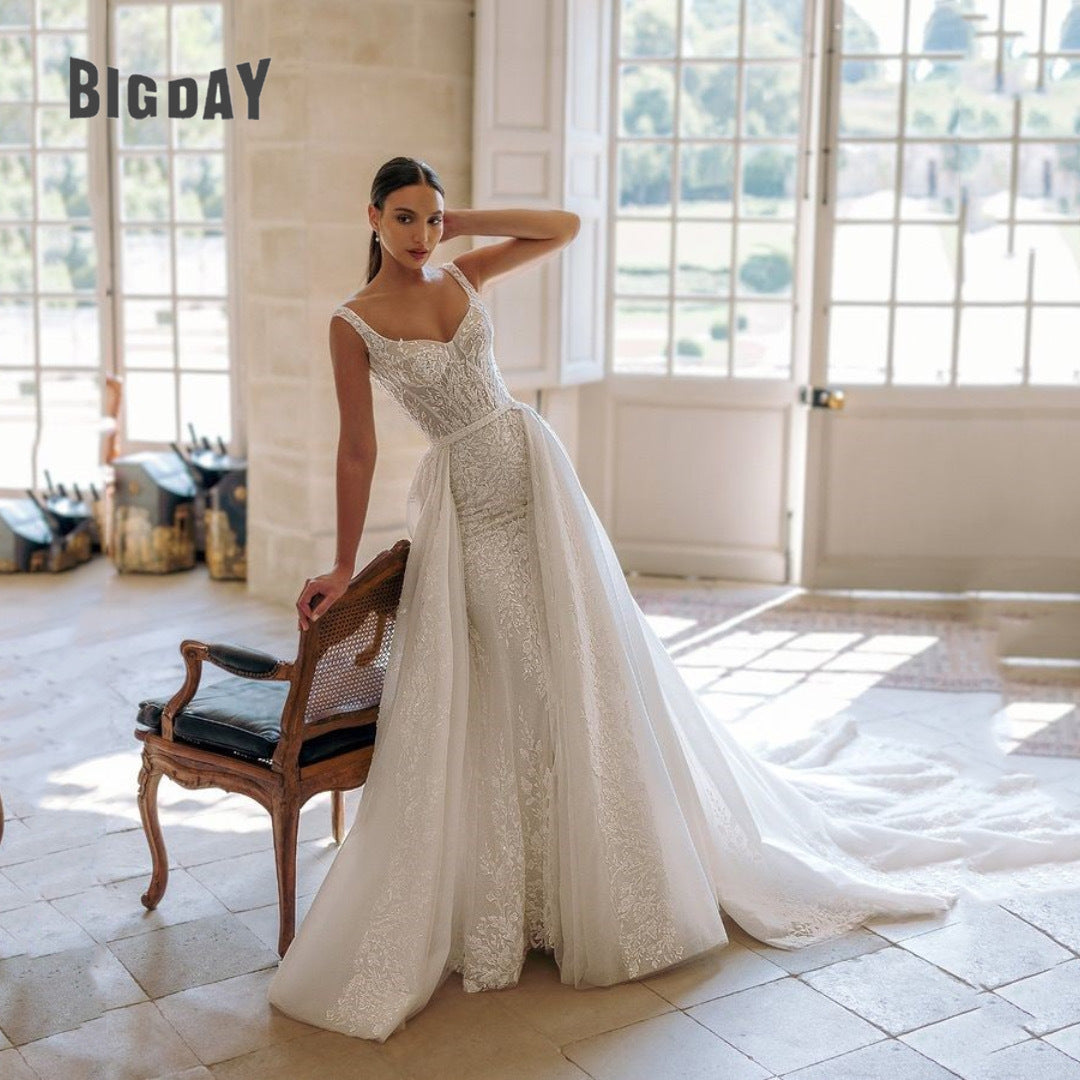 Deep V-Neck Long Train Evening Wedding Dress