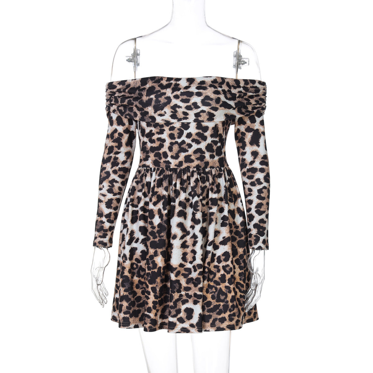 Print Off-Shoulder Long Sleeve Pleated Skater Mini Dress