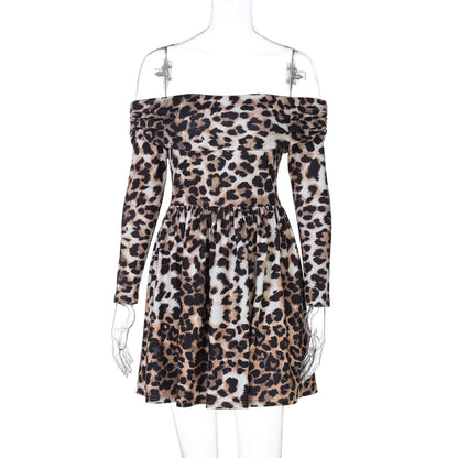 Print Off-Shoulder Long Sleeve Pleated Skater Mini Dress