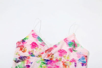 V neck lace flower print cami mini dress