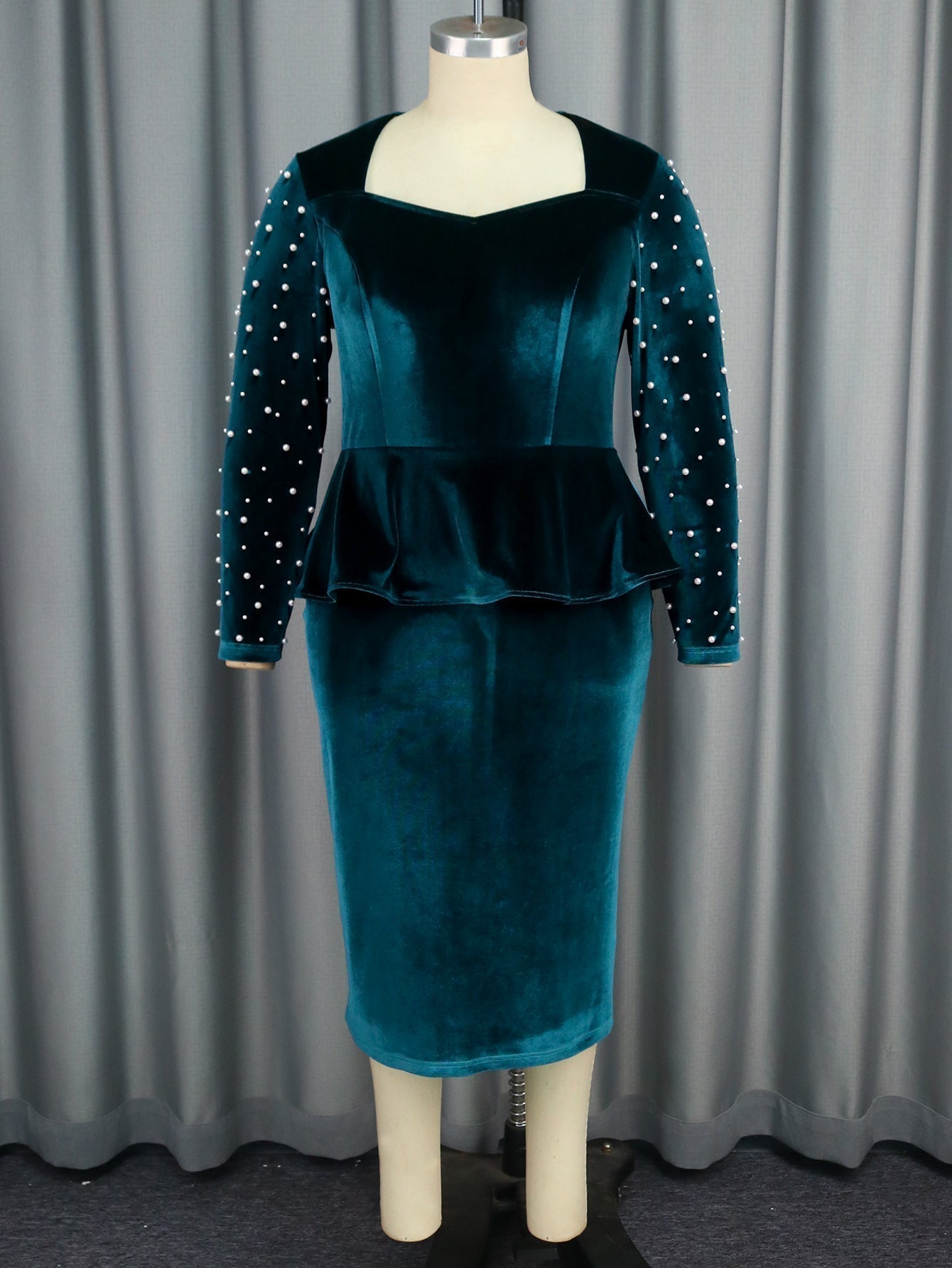 Pearl Embellished Long Sleeve Peplum Top And Pencil Midi Skirt Set