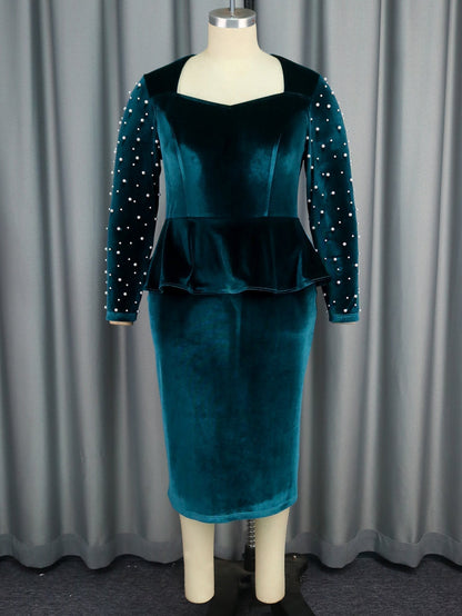 Pearl Embellished Long Sleeve Peplum Top And Pencil Midi Skirt Set