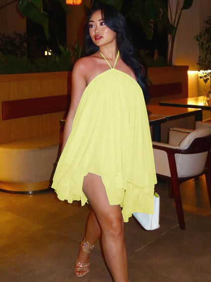 Halter Neck Tiered Ruffle Pleated Chiffon Backless Mini Dress
