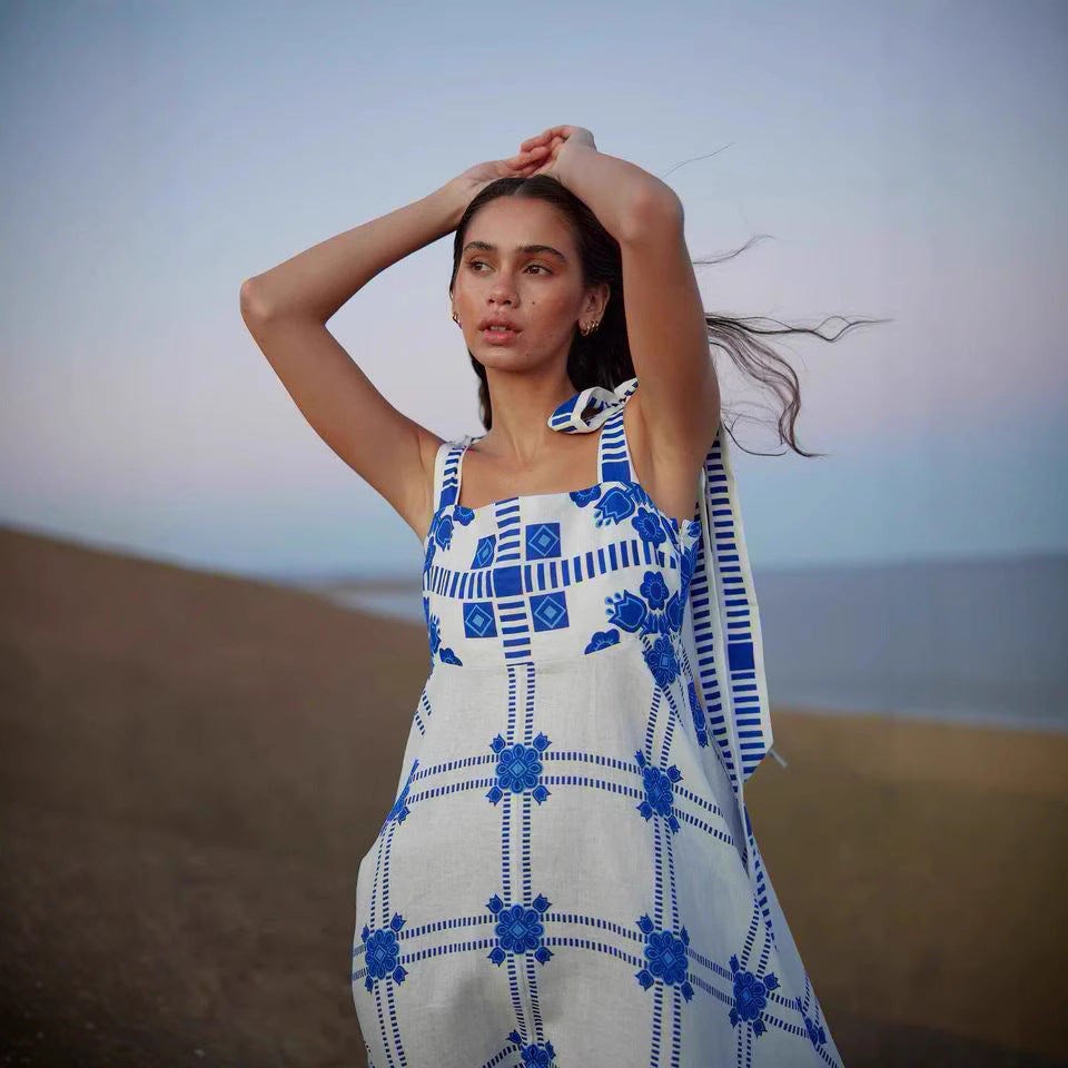Geometric Print Square Neck Tie-Shoulder Flared Maxi Dress