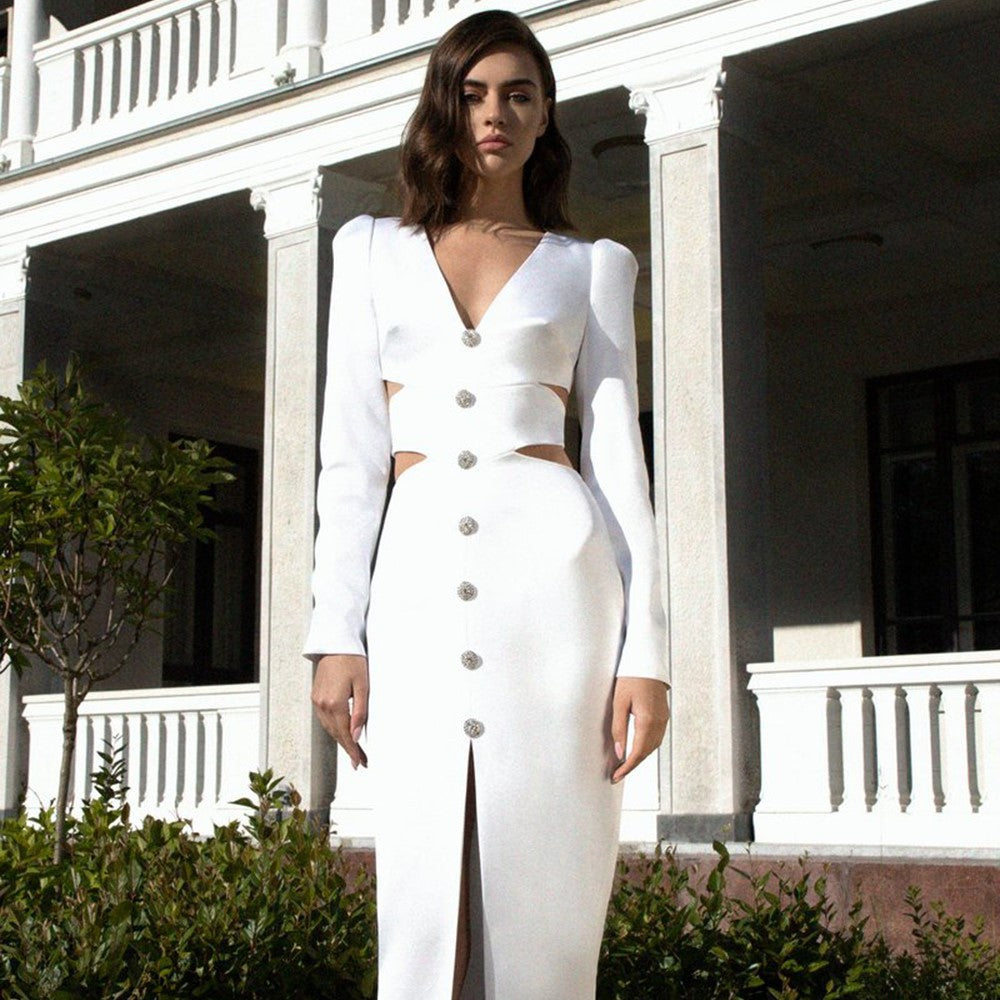 Rhinestone Button Deep V Waist Cutout Long Sleeve Front Slit Midi Dress