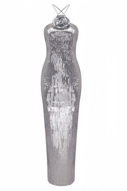 Soraya Silver Sequin 3D Floral Maxi Dress
