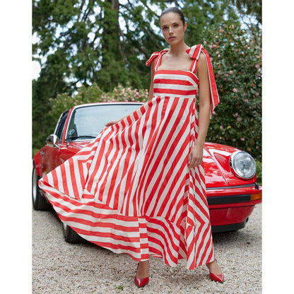 Striped Print Fresh Sweet Lace Up Large Swing Dress