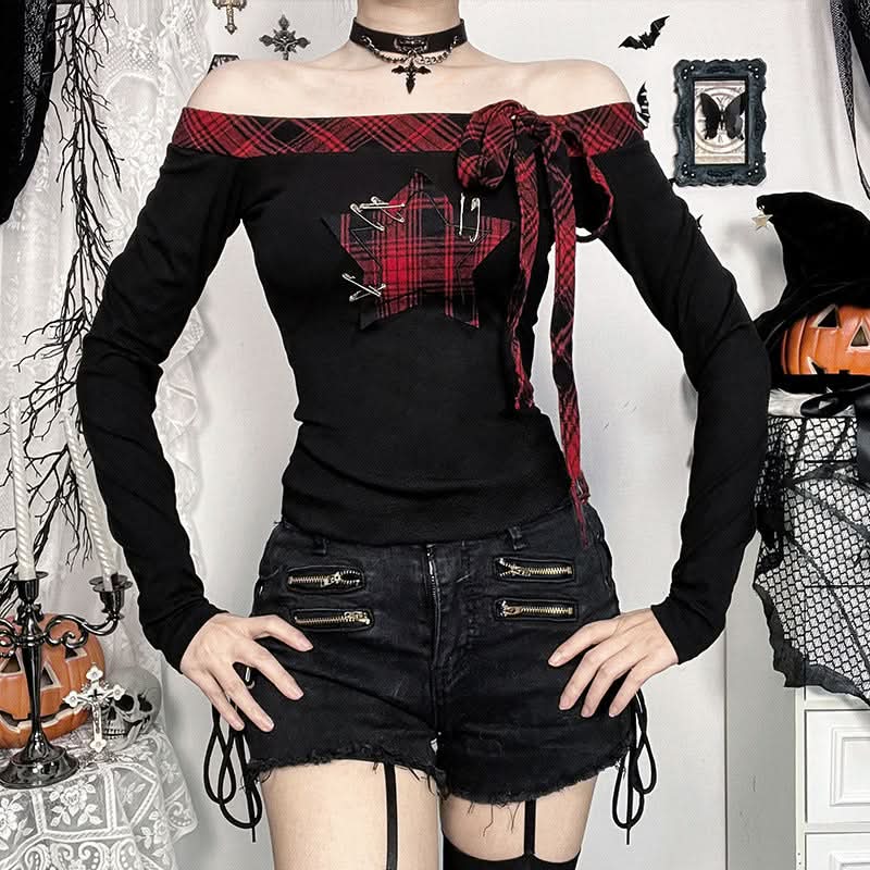 Off shoulder long sleeve plaid star pattern top