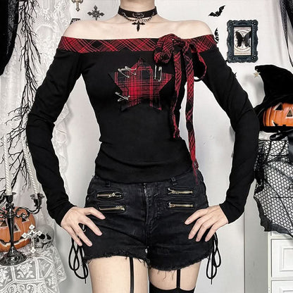 Off shoulder long sleeve plaid star pattern top
