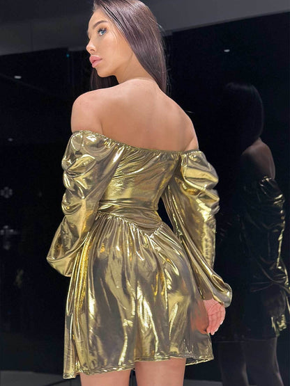 Off Shoulder Metallic Lace Up Tube Top Dress