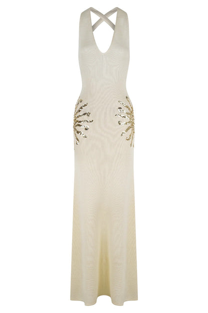 Sparkling Nights Knit Sunburst Sequin Detail Back Cross Straps Stretch Maxi Dress