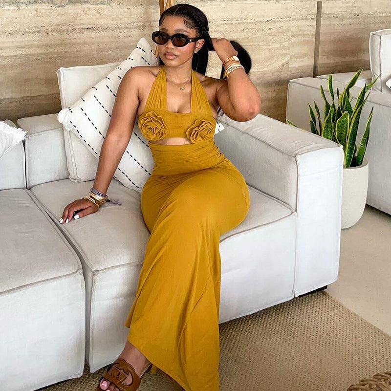 Halter Neck 3D Applique Midriff Cut Out Bodycon Maxi Dress