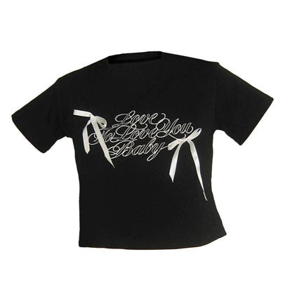 Short sleeve bowknot crewneck letter print top
